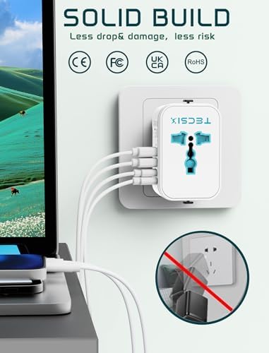 Global Travel Power Adapter with Dual USB-C & USB-A Ports – Compact 240 V AC Charger for International Use in EU, US, UK, AUS – Fast Charging Solution for Modern Travelers – Sleek, Lightweight Design (Black/Blue)