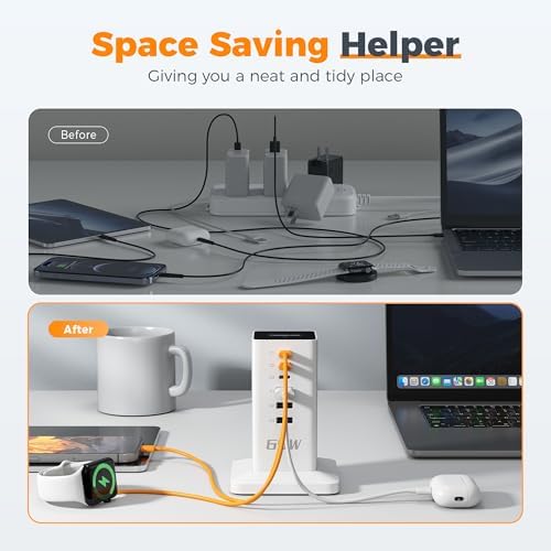 TESSAN 30 W 9-in-1 Multi-Device Charging Station with Surge Protection – Ultimate Charger Block for i Phone 16/15/14/13, Tablets, and Earphones – 5 ft Flat Extension Cord with 4 USB A & 2 USB C Ports – Compact Design for Home, Office, or Dorm – Enhanced Safety and Efficiency