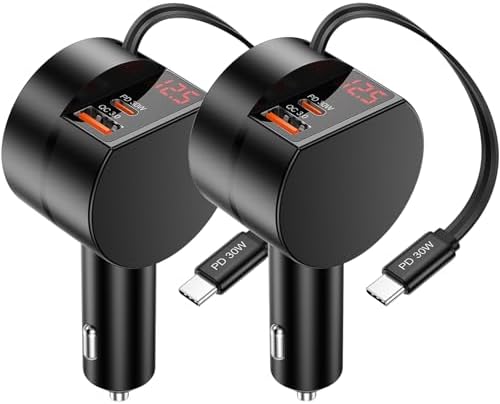 Dual-Port Retractable Car Charger Bundle – 3-in-1 Fast Charging Solution for i Phone 16/15 Pro Max, Samsung Galaxy, i Pad, and Pixel – Tangle-Free USB-C and USB-A Adapter for Ultimate Convenience on the Road
