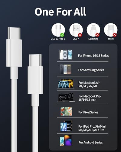 Ultra-Fast USB C to USB C Charging Cable – 2-Pack 3 FT Type C Charger Cord for i Phone 16/15 Pro Max/Plus, i Pad Pro/Air/Mini, Mac Book, Samsung Galaxy S25/S24/S23, Google Pixel 9/8/7 & Android Devices – Durable, Tangle-Free Design for Optimal Performance and Versatility