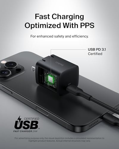 Belkin 25 W Dual USB-C Charger Block with Premium Cable – Ultra-Fast PD3.0 & PPS Charging for i Phone 16, Galaxy S25, Google Pixel 9 & More – Compact Wall Adapter for Ultimate Portability and Device Compatibility