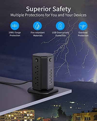 10 ft NTONPOWER Power Strip Tower with 8 Outlets & 5 USB Ports – Premium Surge Protector with Individual Switches, 1080 Joules Protection, 13 A Circuit Breaker – Ideal for Home Office & Entertainment Setup, Sleek Black Design for Ultimate Convenience