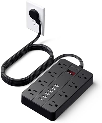 HUNIAN 5 Ft Flat Plug Power Strip with 8 Outlets and 6 USB Ports, Including USB-C Charger – Ultimate Surge Protector for Efficient Home and Office Charging Solutions, Compact Design for Desk and Travel Use, Black