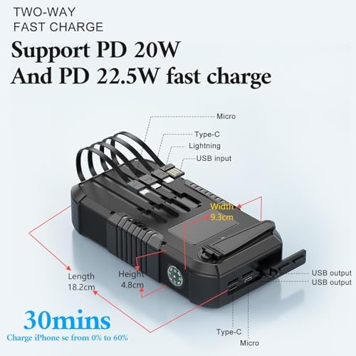 Ultimate Solar Power Bank 66800 m Ah with Hand Crank & 4 Charging Cables – 22.5 W Fast Charge for Camping, Emergency Preparedness, and Outdoor Adventures – Equipped with SOS Strobe Light, Strong Flashlight, and Compass – Rugged & Reliable Portable Charger for All USB Devices