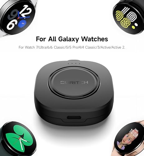 SURITCH Portable Wireless Charger for Samsung Galaxy Watches – 1100 m Ah Compact Power Bank with Keychain Design for Ultra/7/6/6 Classic/5/5 Pro/4/4 Classic/3/Active Series – Fast Charge Solution for Active Lifestyles – Sleek Black Finish for Style and Versatility