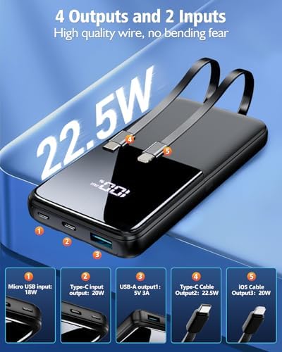 High-Capacity 20,000 m Ah Portable Power Bank – Ultra-Fast Charging Battery Pack with Built-In USB-C and i OS Cables for i Phone, Android, and Samsung Devices – Ideal Travel Companion for Uninterrupted Connectivity – Durable and Lightweight Design (1 Pack, White)