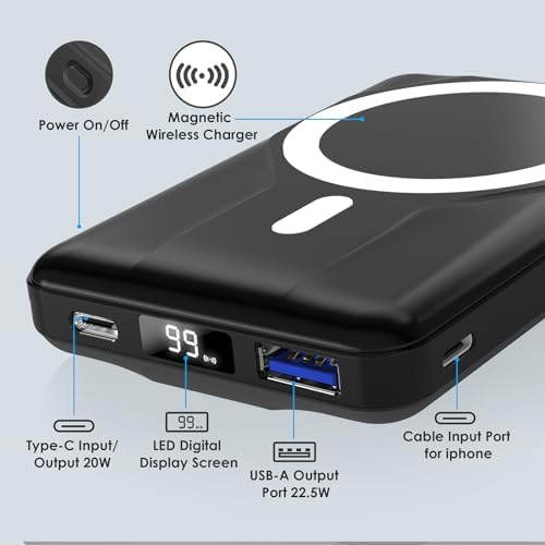 Azmuth Slim Magnetic Power Bank – 10,000 m Ah Wireless Charger with 22.5 W Fast Charging & Digital Display, Perfect for Mag Safe i Phone 16/15/14/13/12 Series – Lightweight, Portable Battery Pack for Seamless Charging on the Go