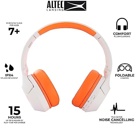 Altec Lansing Kid-Safe Wireless Headphones – Active Noise Cancellation for Children Aged 7+, 85 d B Volume Limiting, 15-Hour Battery Life, Ergonomic Foldable Design for Ultimate Comfort and Safety in Music, Movies, and Gaming
