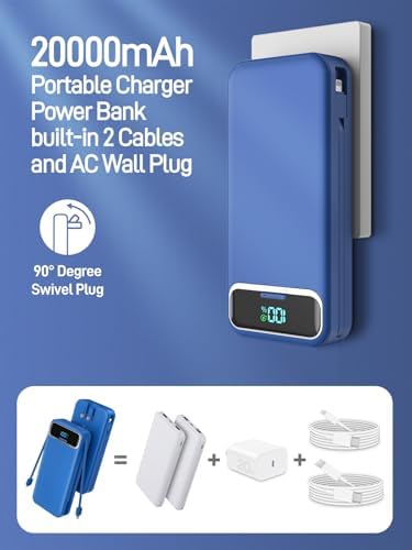 Ultimate 20,000 m Ah Portable Charger with Built-in Cables & AC Plug – Super Fast PD20 W & SCP22.5 W USB-C Power Bank for Quick Device Charging – LED Display & Universal Compatibility for i Phone, Samsung & More – Essential Travel Accessory for On-the-Go Power Solutions