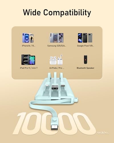VEEKTOMX 10,000 m Ah Portable Power Bank with Integrated Charging Cables – Slim, Lightweight Fast Charger for i Phone, Samsung, and Android Devices – Essential Travel Companion with Intelligent Charging Technology for On-the-Go Convenience
