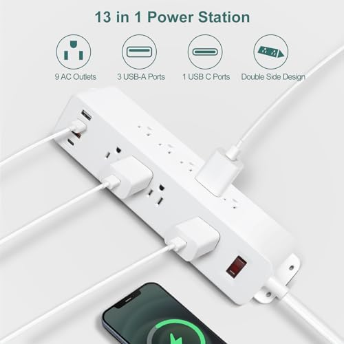Maximize Your Charging Potential with Hdc Tek’s 9-Outlet Wall-Mount Power Strip – Featuring 3 Fast-Charging USB-A Ports & 1 PD USB-C Port, Sleek Flat Plug Design for Efficient Space Management, Ideal for Office, Home, and Dorm Use – Reliable Surge Protection & Stylish Black Finish for Modern Aesthetics