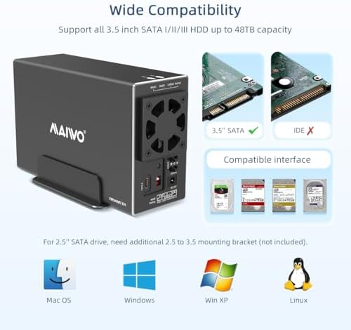 MAIWO Dual Bay Hard Drive RAID Enclosure – 48 TB Storage Solution with 5 Gbps USB 3.0 Connectivity, Premium Aluminum Design, and Cooling Fan for Optimal Performance – Supports RAID 0/1/JBOD/PM Configurations for Enhanced Data Management and Security