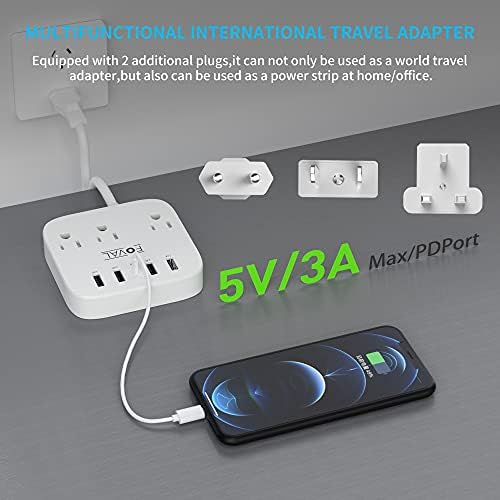 FOVAL All-in-One European Travel Plug Adapter with 4 Fast USB Ports & 3 AC Outlets – Ultimate Wall-Mount Power Strip with 5 ft Extension for Effortless Charging at Home, Office, and Travel Adventures