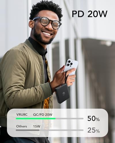 VRURC 10,000 m Ah USB C Portable Charger – Fast Charging Power Bank with Built-in Cable for i Phone 16/15/14, Galaxy S23/S22, Google Pixel & More – Lightweight Green Design for Ultimate Mobility and Reliability