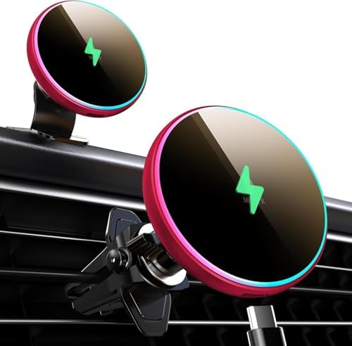MOKPR 15 W Mag Safe Car Charger & Magnetic Phone Holder – Effortless Fast Wireless Charging with Dynamic LED RGB Lighting for i Phone 15/14/13/12 Series – Stylish Dash & Air Vent Mount for Enhanced Driving Experience and Convenient Accessibility