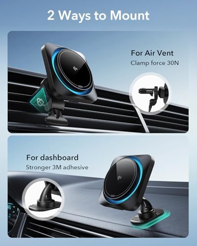 Magnetic ESR Car Charger for Mag Safe – 15 W Fast Wireless Charging Mount for i Phone 12-16 & Galaxy S25 | Versatile Air Vent & Dashboard Phone Holder for Effortless Navigation & Hands-Free Use | Premium Design for Enhanced Compatibility & Performance