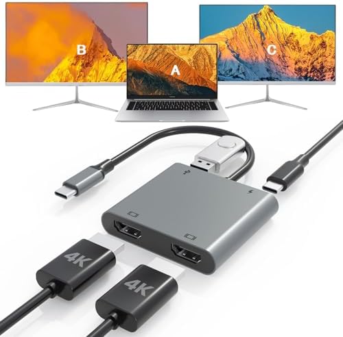 Fophmo Dual HDMI Adapter – 4 K@60 Hz USB C Hub with 100 W Power Delivery & USB-A Port for Enhanced Dual Screen Experience – Perfect for Gamers & Professionals Seeking Stunning Visual Clarity and Seamless Multitasking