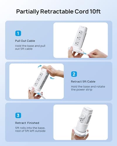 TROND Power Strip Tower with Retractable Design – 5 ft Flat Plug Extension Cord Featuring 5 AC Outlets and 20 W USB-C Fast Charging Ports, 1700 Joules Surge Protection for Home Office and Dorm Room Efficiency – Ultimate Connectivity Solution