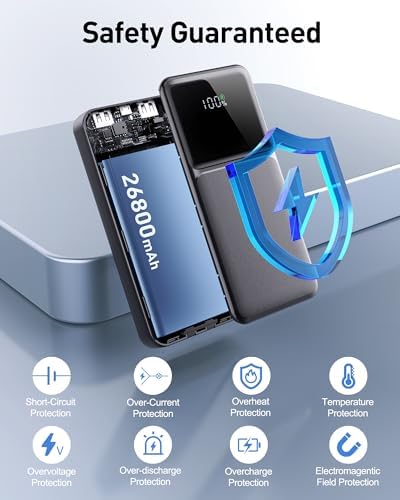 26800 m Ah High-Capacity Portable Fast Charger with Built-in Cables – 22.5 W Power Bank Featuring PD 3.0 & QC 4.0, LED Display for Real-Time Power Monitoring, Ultimate Travel Essential for i Phone, Samsung, Google Devices – Multi-Device Charging with Safety Protections and Universal Compatibility