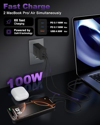 Ultimate 100 W USB C Charger Block with 3 Ports – Ga N Super Fast Charging Adapter Plus 10 ft Type C Cable for Mac Book Pro, i Pad Pro, i Phone 15/16, Galaxy S Series – Dual Pack for Enhanced Power and Efficiency