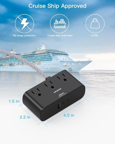HANYCONY Ultra Thin Flat Plug Power Strip – 6 Ft Extension Cord with 3 Outlets & 3 USB Ports (2 USB-C) for Travel, Dorms & Cruise Ships – Space-Saving Multi Plug Outlet Extender for Fast Charging & Enhanced Device Compatibility