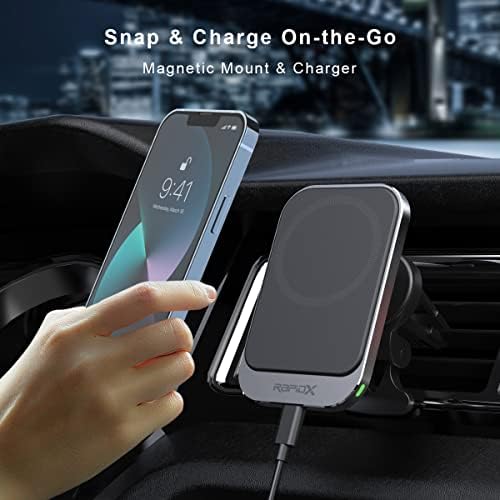 Rapid X Dashio MW1 Magnetic Wireless Charger & Car Vent Mount – 15 W Fast Charging for i Phone 15/14/13/12 & Compatible Android Devices – Effortless Hands-Free Access with Sleek Design & Integrated Safety Features for Ultimate Convenience