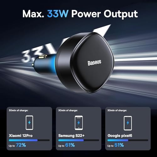 Baseus 33 W Retractable Dual USB-C Car Charger – Fast Charge Your Samsung Galaxy & Tablets on the Go, Sleek Black Design, Compact & Portable, Enhanced Safety Features for Effortless Travel Power Solutions