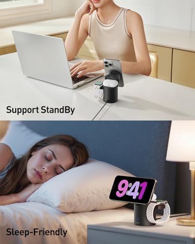 Revolutionize Your Charging Experience with the i WALK 3 in 1 Wireless Charging Stand – Magnetic Auto-Rotating Station for i Phone 12-16, Apple Watch & Air Pods – 15 W Fast Charge, Sleek Black Design for Effortless Device Management and Optimal Viewing Comfort
