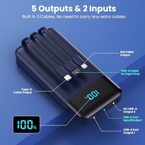 High-Capacity 40800 m Ah Portable Charger with Integrated Cables – Fast PD 25 W USB-C & QC4.0 Power Bank for i Phone 15/16 and Samsung – Smart LED Indicator, 5 Outputs for Multi-Device Charging – Ultimate Travel Companion for On-the-Go Power Solutions
