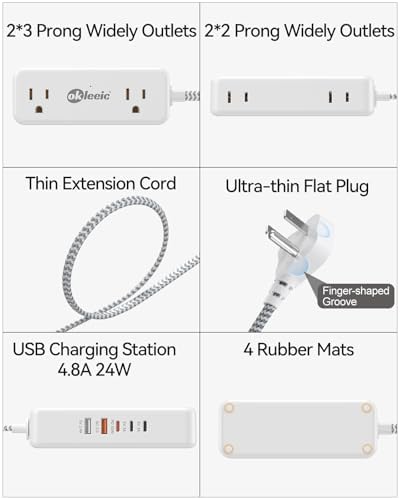 Compact Power Strip with USB-C and Dual USB-A Ports – 3 ft Extension Cord with 4 Outlets & 4.8 A Fast Charging Station for Laptops, Tablets, and Smartphones – Flat Plug Design Perfect for Tight Spaces and Travel – Versatile Multi-Device Charging Hub for Home and Office Use