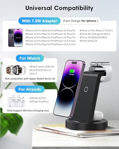 All-in-One 3-in-1 Wireless Charging Station for Apple Devices – Fast Charger Dock for i Phone 11-16 Pro Max, Apple Watch & Air Pods – Sleek, Compact Design with Enhanced Compatibility and Speed for Effortless Power Management