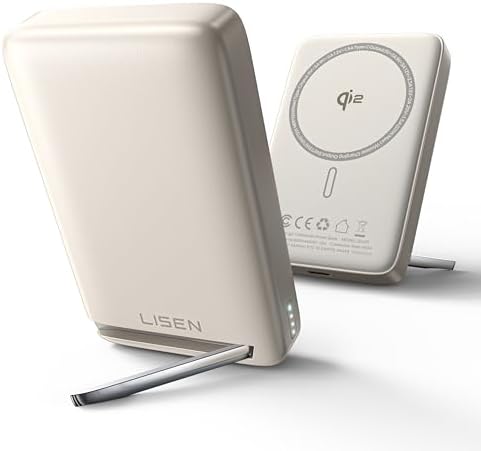 LISEN Qi2 Certified 10,000 m Ah Slim Mag Safe Power Bank – 15 W Fast Wireless Charger with 30 W USB-C for i Phone 12-16, Samsung Galaxy S24/S25 – Compact Design with Soft Touch Silicone & Foldable Stand for On-the-Go Charging and Seamless Connectivity