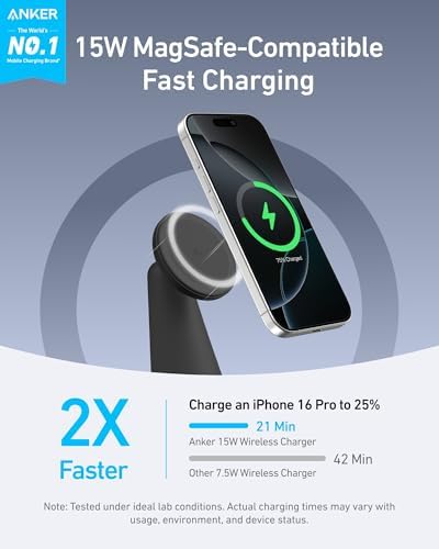 Anker 2-in-1 Mag Safe Wireless Charging Stand for i Phone 16, Qi2 Certified 15 W Ultra-Fast Charger, Adjustable Design with Dual Functionality for i Phone and Air Pods, Sleek Black Finish – Optimal Speed and Style for Modern Devices