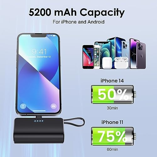 Ultra-Compact 5200 m Ah Power Bank with Built-in USB-C Cable – High-Speed Mini Charger for i Phone 15/14/13/12/XR/8/7/6 & Android Devices – Perfect On-the-Go Backup Solution for Busy Lifestyles with LED Battery Indicator and Enhanced Compatibility