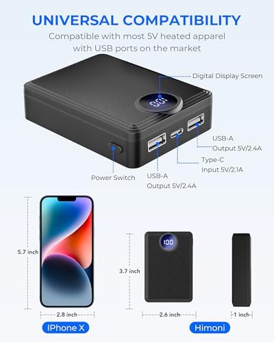 Rechargeable Heated Vest Battery Pack with LED Display – High-Capacity Portable Power Bank for Heated Apparel, Vests, Blankets, and Jackets – Dual USB-A Output & Type-C Input for Fast Charging – Up to 10 Hours of Warmth and Comfort on the Go