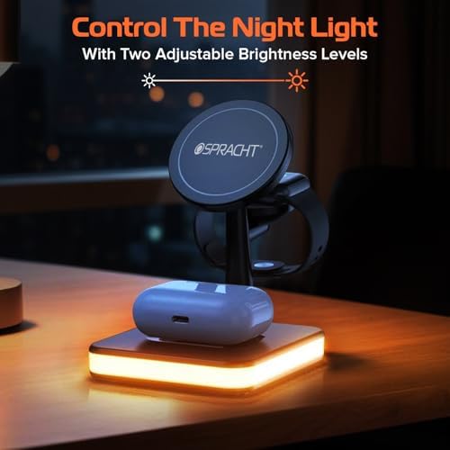 Spracht Flex Charge 4: Advanced 4-in-1 Wireless Charging Station with 25 W Fast Charging, Magnetic Dock for Smartphones, Smartwatches & Earbuds | Qi-Compatible Multi-Device Charger with Built-in Nightlight for Enhanced Convenience and Style