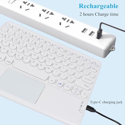 Ultra-Slim 10-Inch Wireless Bluetooth Keyboard with Touchpad – Rechargeable & Portable Universal Keyboard for i OS, Android & Windows Devices – Effortless Typing on the Go in Sleek White Finish
