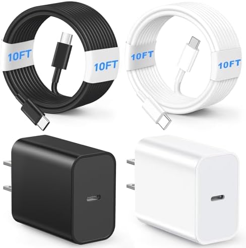 20 W Dual USB-C Fast Charger Block for i Phone 15/16 Series – Includes Two 10 FT USB-C Charging Cables, Perfect for Pro Max, Plus, Pro, i Pad Pro/Air – Compact, High-Speed Charging Solution (2 Pack, Black)