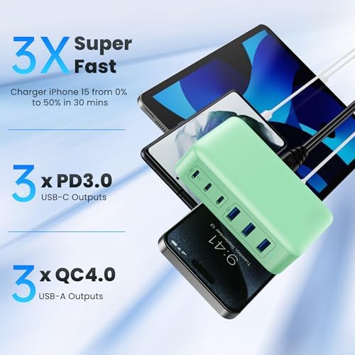 108 W Pink Ga N III USB C Charging Hub – 6-Port Fast Charger for i Phone 15 Pro, Samsung & More – Quick Charge & Power Delivery Compatible – Stylish Multi-Device Power Station with Intelligent Safety Features – Ideal for Home, Office & Travel Use