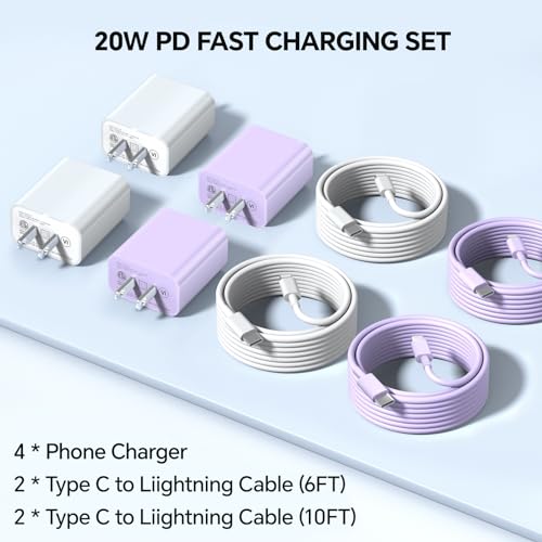 Elevate Your Charging Experience with the 4-Pack USB C Fast Charger Set – 20 W PD Wall Chargers with 6 FT & 10 FT USB C to Lightning Cables for i Phone Models 14/13/12/11/XS/XR/X/SE/8 – Sleek, Travel-Friendly Design for Rapid Power Delivery and Everyday Convenience