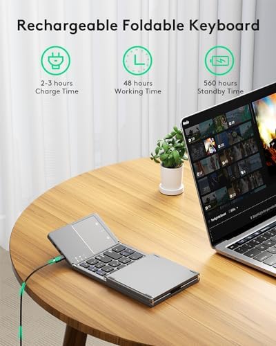 Samsers Portable Bluetooth Keyboard with Touchpad – Ultra-Slim Foldable Wireless Keyboard for Effortless Typing on Android, Windows, and i OS Devices – Rechargeable, Travel-Friendly Design with Device Holder – Black