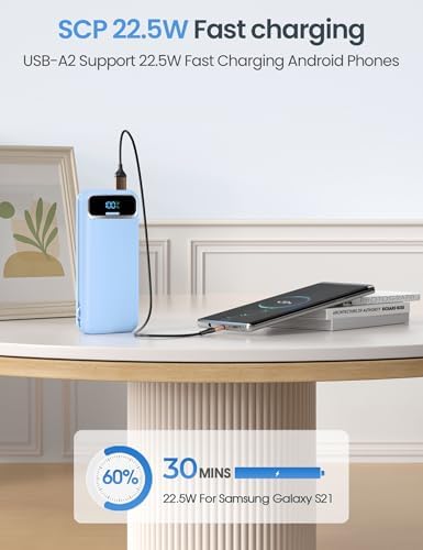 12000 m Ah Ultra-Light Portable Power Bank with Built-In Cables & AC Wall Plug – PD20 W USB-C Fast Charging for i Phone, Samsung & Android – LED Display for Battery Monitoring – Ultimate Travel Companion for Quick Device Recharging