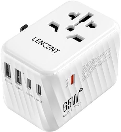 LENCENT 85 W Universal Travel Adapter with Retractable USB-C Cable – High-Speed International Plug Converter Featuring 3 Type-C & 1 USB-A Ports for Effortless Worldwide Charging – Your Ultimate Travel Essential for Maximum Compatibility, Fast Charging, and Ga N Technology Efficiency