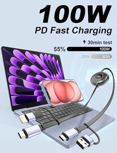 Revolutionary 4-in-1 Retractable USB-C Charging Cable for i Phone 16, Samsung, Mac Book & i Pad – 100 W High-Speed Power Delivery, Tangle-Free Storage, and Sleek Black Design for Ultimate Portability in Home, Office, and Travel Settings