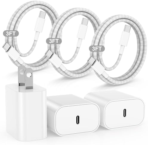 Rapid Charge 3-Pack USB-C Fast Charger Kit for i Phone 15 & 16 Pro Max – 20 W Power Blocks with Robust 6 ft & 10 ft Braided Cables – Ultra-Fast Charging Solution for i Pad Pro 13/12.9 – Sleek, Portable Wall Charger for Everyday Convenience