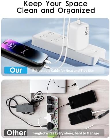 40 W Retractable Wall Charger with 35.4-Inch Lightning Cable – Fast Charging Solution for i Phone 14, i Pad, Pixel, and Galaxy – 3-Port USB-C Charging Block with Compact Foldable Plug for Ultimate Portability and Enhanced Compatibility