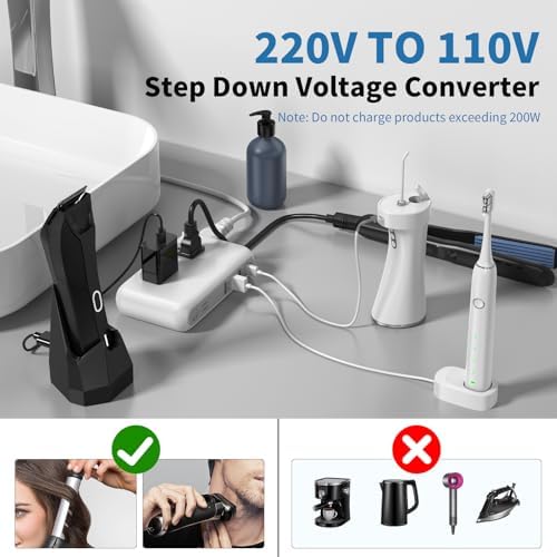 Universal Travel Voltage Converter & 4-Port USB-C Adapter – 220 V to 110 V Step-Down Power Solution for Global Use – 230 W Capacity with Interchangeable Plugs for EU, UK, AU, US & India – Essential for International Travelers and Expatriates