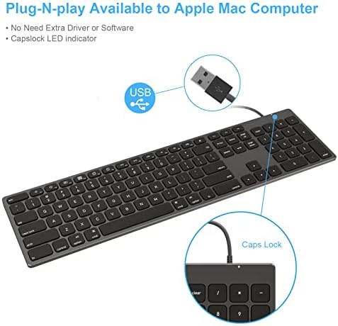 Sleek Aluminum USB Wired Keyboard with Numeric Keypad for Mac & PC – Effortless Data Entry, Plug-and-Play Convenience, and Enhanced Durability for Ultimate Typing Comfort
