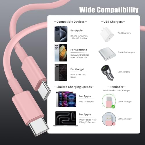 6-Foot USB C Cable for i Phone 15 – 3-Pack Durable Woven Fast Charging Solution for i Phone 16, Mac Book Pro, and Samsung Galaxy S23 Ultra – Optimal Length for Home, Office, and Travel Use – 60 W Power Delivery & High-Speed Data Transfer