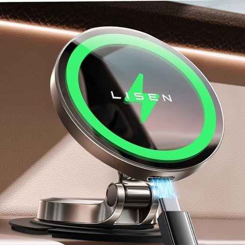LISEN Mag Safe Car Mount Charger – 15 W Fast Charging Magnetic Wireless Holder for i Phone 16 Pro Max, 15, 14, 13 – Ultra-Durable Zinc Alloy Design for Secure Dashboard Fit and Enhanced Stability on the Road – Essential Fast Charging Accessory for i Phone Users